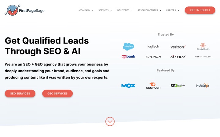 First Page Sage homepage screenshot — AEO and GEO agency for M&A advisors