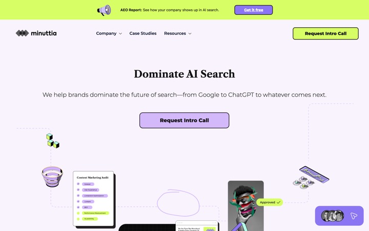 Minuttia homepage screenshot — AEO and GEO agency for M&A advisors